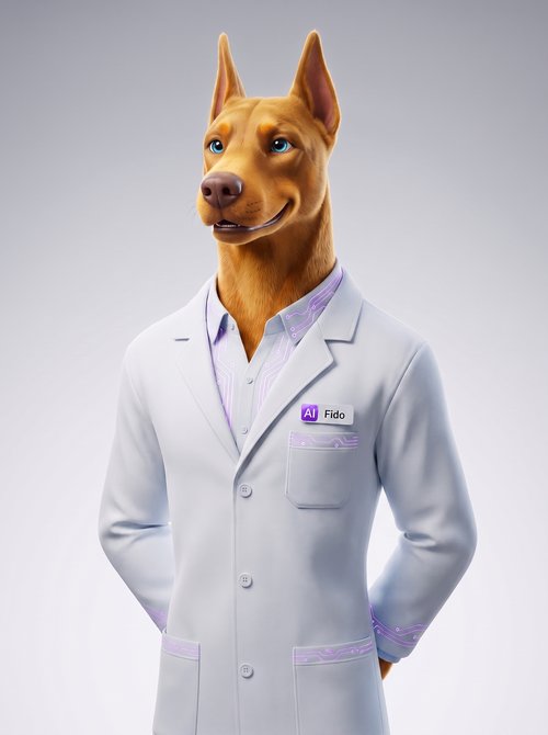 Fido, la segreteria AI per cliniche veterinarie, raffigurata come un cane veterinario in camice bianco con badge AI Fido